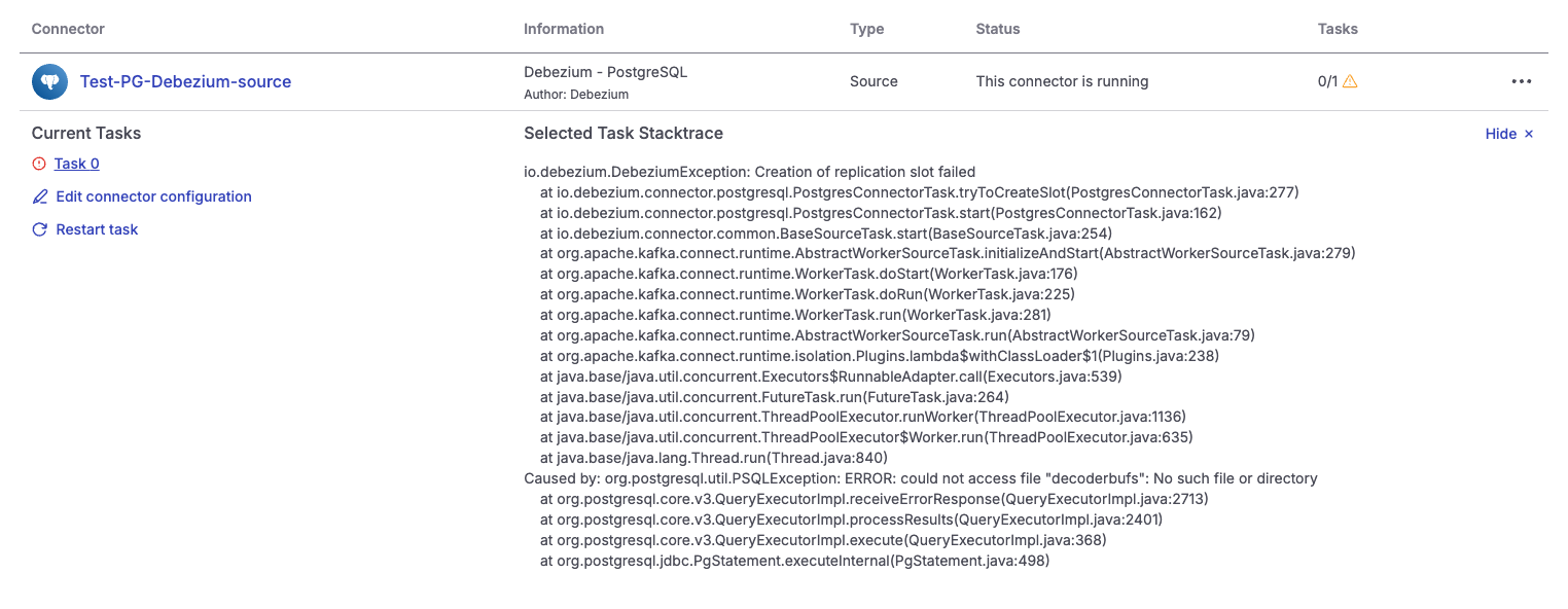 The Aiven Console page showing the Debezium connector error